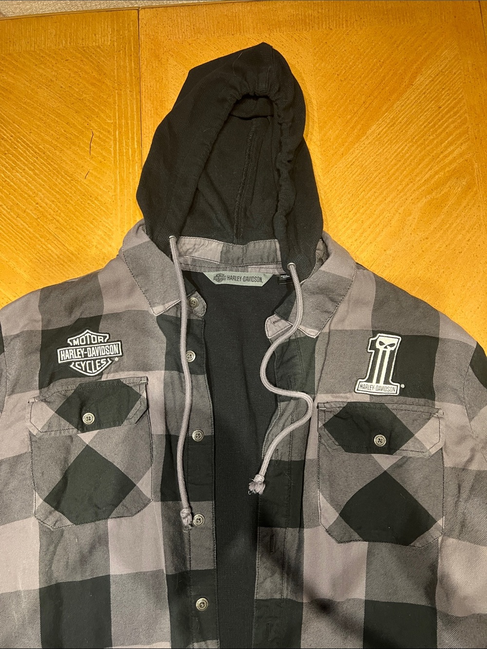 Harley-Davidson Black & Gray Plaid Hooded Shirt Jacket